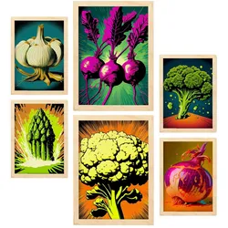 POSTER Set Mit 6 Kraftvolles Gemüse Vollfarbige Plakate Von Obst, Gemüse Und Gesunden Lebensmitteln Im Urban Art Stil A3 & A4 Rahmen Aus Hellem Holz