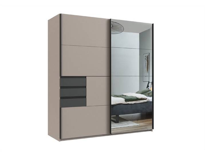 freiraum Schwebetürenschrank OSNABRÜCK SAHARAGRAU / GRAPHIT / SPIEGEL - 180x198x65cm (BxHxT)