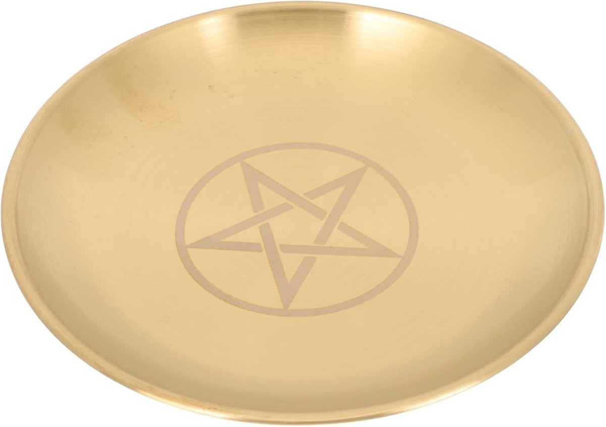 Goudkleurige Kaarsenhouder Altar Plateau met Pentagram Patroon - Diameter: 14 cm