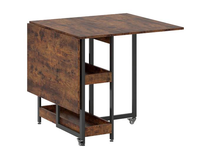 Homcom Esstisch Klappbar Küchentisch für 2-4 Personen mit 2 Offenen Ablagen, Rollen, Braun, Holz, 80x75x133.4 cm, Esszimmer, Esstische