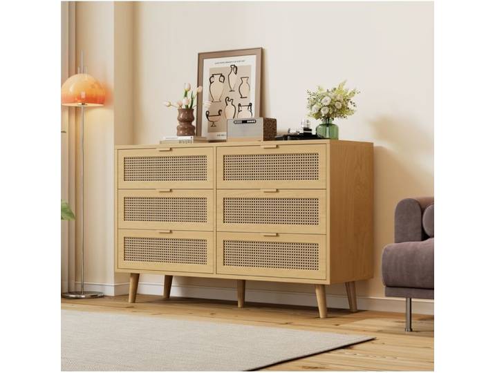 Maisentiel Commode 6 tiroirs style vintage effet cannage poignées métal chêne 120 x 40 x 76 5 cm