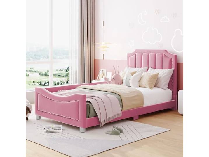 Merax Kinderbett 90 x 200 cm mit Lattenrost und Kopfteil, Jugendbett mit Rückenlehne für Kinder & Jugend, Samtstoff, Rosa (Ohne Matratze)