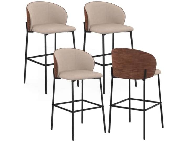 IDMarket - 4er-Set Penny-Barhocker aus taupefarbenem Stoff, Rückenlehne in Nussbaumoptik und Schwarze Metallbeine