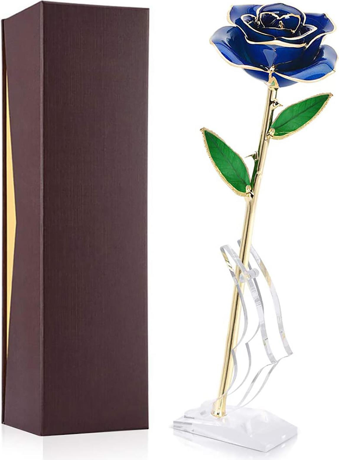 Vergulde roos met lange steel in blauw met transparante displaystandaard