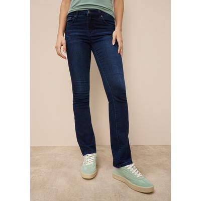 Bootcut-Jeans TAMARIS "mit lockerem Schnitt, aus fließender Viskose-Qualität", Damen, Gr. 44, N-Gr, blau (dunkelblau us), Denim/Jeans, Obermaterial: 74% Baumwolle, 24% Polyester, 2% Elasthan, unifarben, bootcut fit lang, Jeans, Reguläre Leibhöhe,...