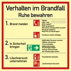 Aufkleber Verhalten im Brandfall ISO 7010, Folie, langnachleuchtend, 180x180 mm