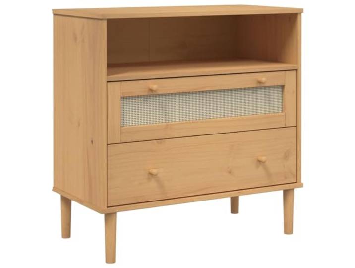 HKTMGDNG Sideboard Braun 80x40x80 cm Beistellschrank Kiefernholz SENJA Stilvoller Stauraum im Boho-Design mit Poly-Rattan für Wohnzimmer und Flur, geschützt durch UV-Lackierung.