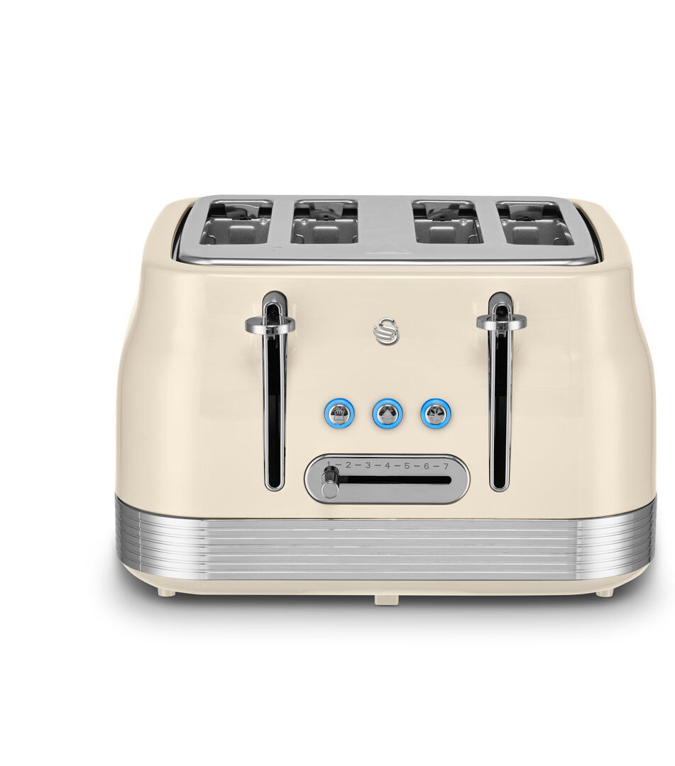 Swan Retro 4 Slice Toaster with 7 Browning Levels for Toast, Breakfast Muffins and Bagels, Removable Crumb Trays, Defrost/Reheat/Cancel, Cord Storage, Cream 4