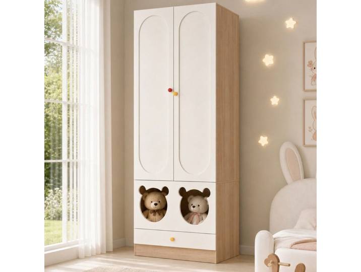 Armoire à deux portes Avec barre de vêtements et tiroirs Mobilier de chambre pour enfants Vestiaire pour enfants