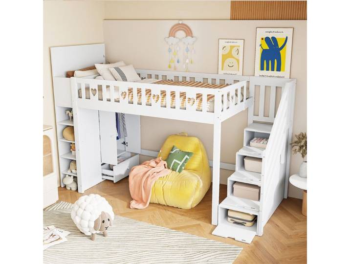 Lit Mezzanine 1 Places avec Escalier Lit Mezzanine 90x200 pour Enfant Ado étagère Armoire Barrière en Forme de Cœur Pin Blanc