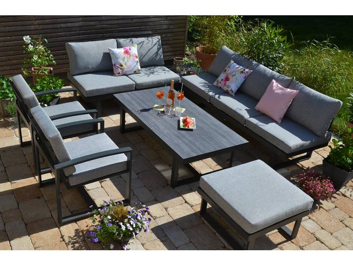 Ecklounge Santorini XL + 160x80 cm Tisch höhenverstellbar + 2 Lounge Sessel + 1 Hocker