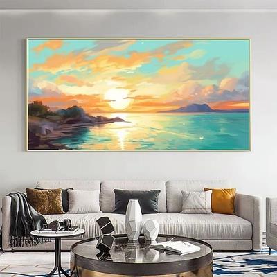 handgemaltes Kunstwerk, ruhiger Sonnenuntergang, Meereslandschaft, Ölgemälde auf Leinwand, ruhiger See mit Boot, abstraktes Himmelswandbild, Wohnzimmer, Heimdekoration, Einweihungsgeschenk, gerolltes,