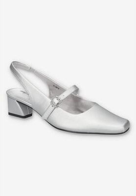 Women's Cameo Sling Back Heel by Easy Street in Silver Satin (Size 8 M)