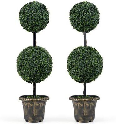 Costway 3 FT Artificial Boxwood Topiary Tree Double Ball Shrubs Set of 2