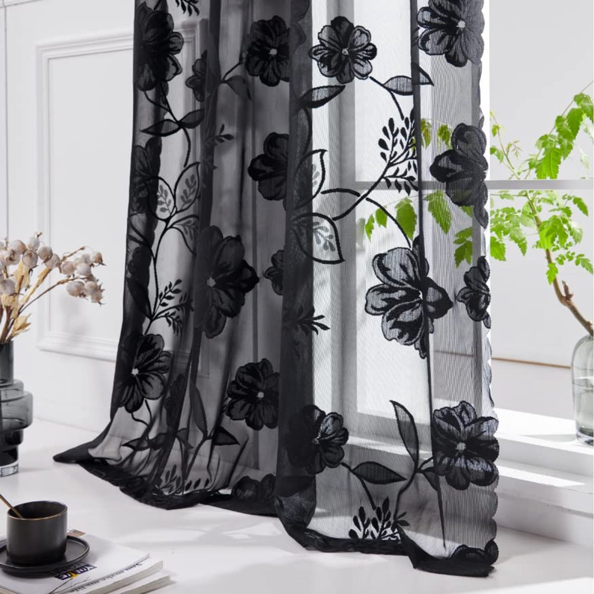 Unyqoos Elegante Zwarte Kanten Gordijnen met 3D Bloemenpatroon voor een Romantische Sfeer