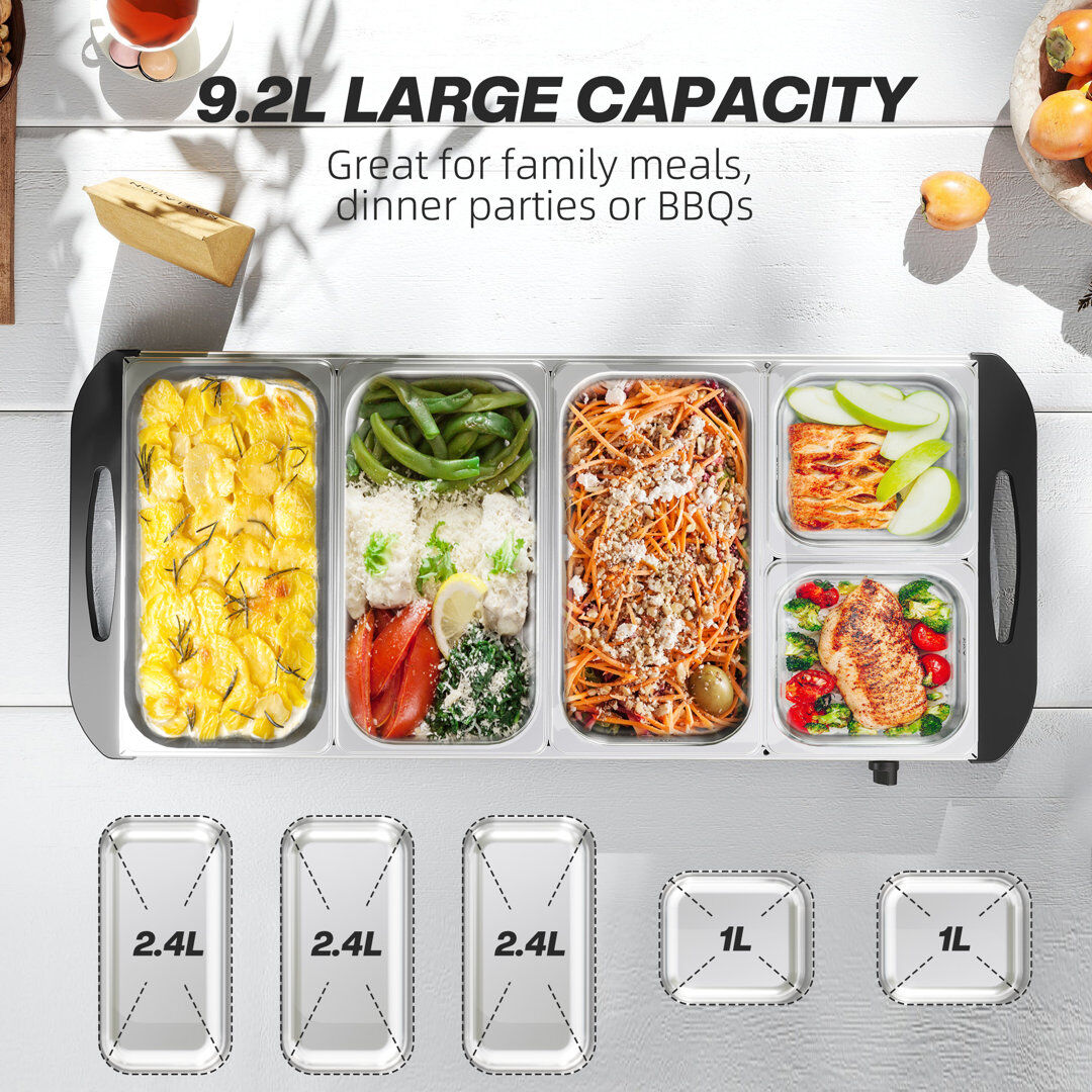 Belfry Kitchen Electric Electric Food Warmer 5 Tray, 9.2L Buffet Server with Lids, Silver 13.6cm H