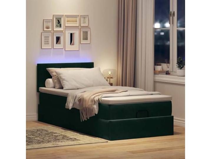 KKgypkn Samtbett 90x190 cm mit Matratze, Ottomanbett mit Stauraum und LEDs, Taschenfederkernmatratze in Dunkelgrün, inklusive Matratzenauflage und USB-Anschluss
