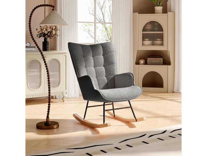 92x75x69 cm Chaise à bascule en velours gris foncé chaise à bascule avec cadre en bois massif et coussin souple - ergonomique