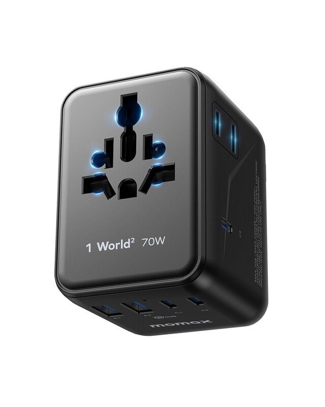 MOMAX 1-World² 70W Mini GaN Universele Reisadapter met Dubbele AC-stopcontacten