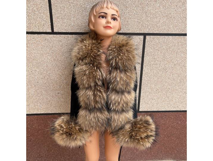 HUAQIUMEISI Cardigan en fourrure de renard pour enfants, mode automne-hiver, cardigan en fourrure de raton laveur pour enfants et cardigan en fourrure de renard véritable pour femmes