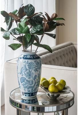 Kodotan sofa "D7.5x15"" Porcelain Flower Vase with Blue and White Floral Patterns"