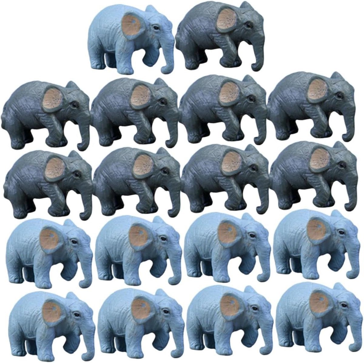 Set van 18 realistische miniatuur olifant beeldjes in gemengde kleuren voor decoratief gebruik