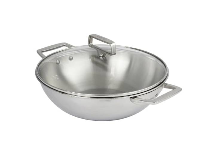 Cristel Wok en INOX ø28 Cm\, 2 Anses Fixes\, avec Couvercle en Verre
