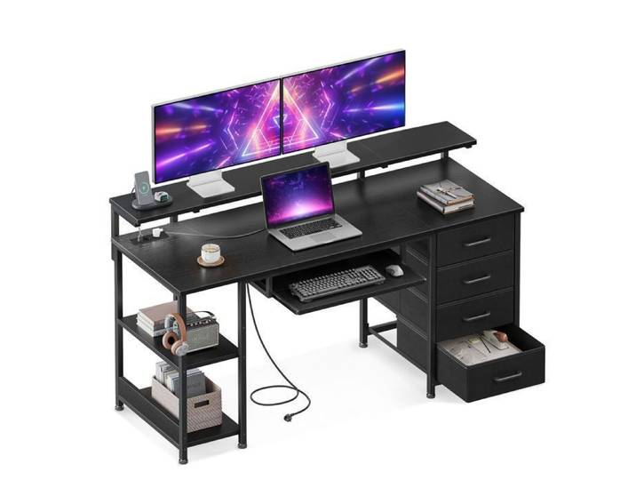 Bureau avec 4 Tiroirs Coleshome Bureau d'ordinateur avec Prise/USB Étagère Réglable 140x52cm Noir