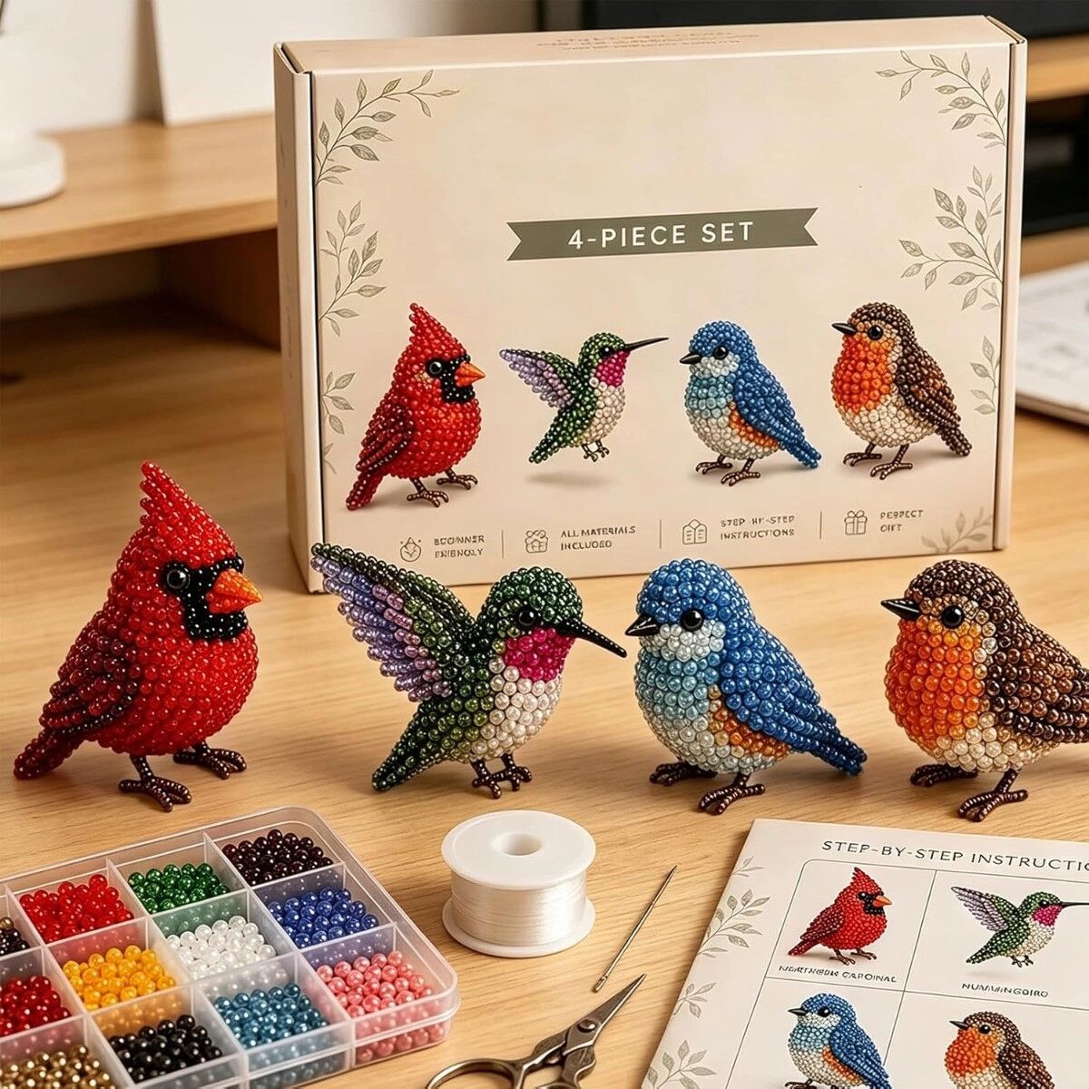 INF Handgefertigtes DIY-Tierperlen-Set - 4x 3D stehende Gartenvögel, mehrfarbige Kunststoffperlen mit vollständigen Werkzeugen