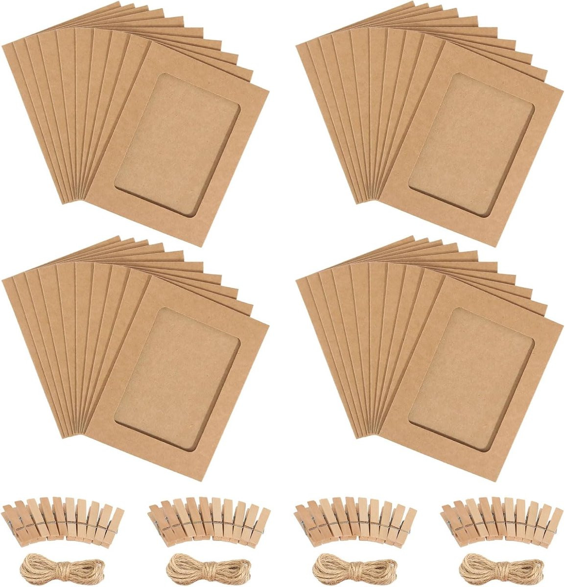 SnelShoppen Photo Garland met 40 Kraft Papier Fotolijstjes van 10 x 15 cm, 40 Houten Clips en 4 Jute Touwen
