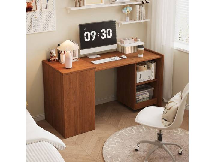 Bureau pliant - 126x55x75 cm - Bureau multifonctionnel et meuble de rangement 2 en 1 avec roulettes - Marron