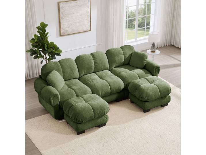 Ensemble de canapés avec 1 Canapé 3 Places 1 Ottomane et 2 Coussins - TCQPZ - Modulable en U ou L - Chenille - Vert