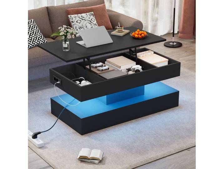 Table basse noire relevable avec LED rangement caché et prises EU