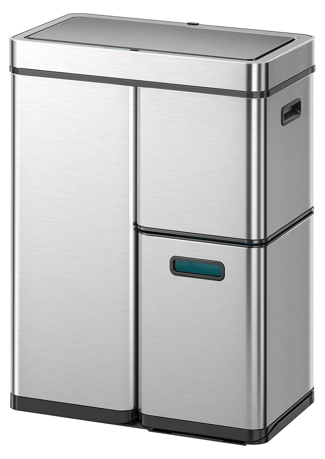 Mülleimer Abfalleimer - 3 Fächer - 60 Liter - Edelstahl - Automatischer Deckel