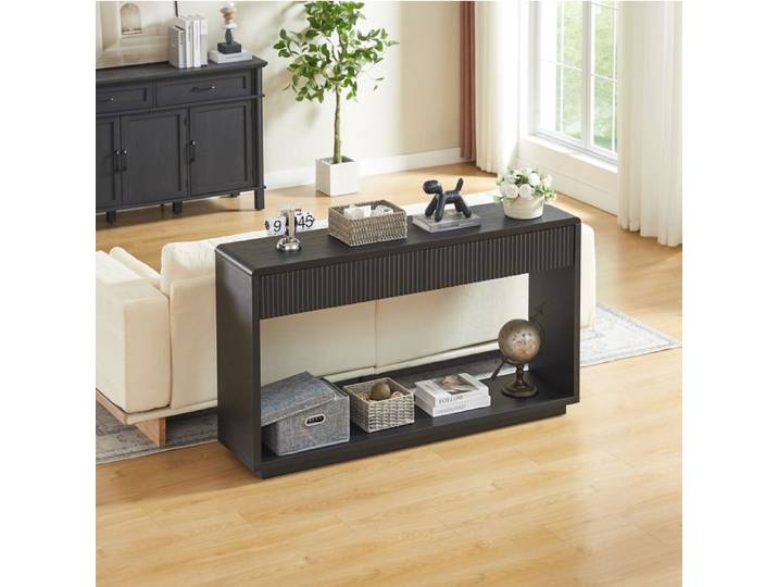 Console d'entrée 150 cm noire avec 2 tiroirs et niche ouverte effet strié meuble d'entrée moderne