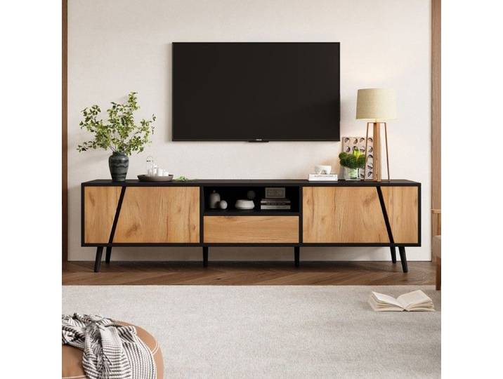 Meuble TV bas 180x40x46cm 6 pieds bois massif 2 caissons + tiroirs design moderne/minimaliste compatible TV 75