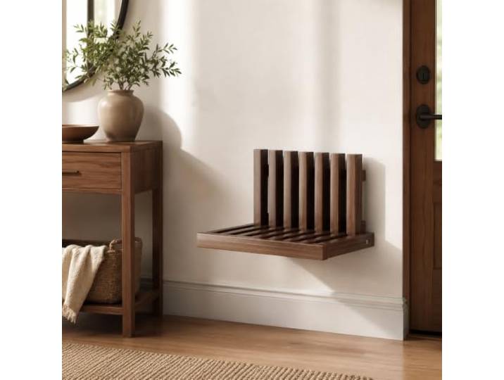 XL Superb Wandbank, Klappbarer Schuhsitz, Hocker aus Gummibaumholz Die Lamellenkonstruktion klappt auf 5 cm Tiefe ein und hält den Flur frei(Walnut)