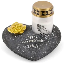 Grabschmuck Herz Schwarz mit Rose Spruch Wir vermissen Dich inkl. LED Grablicht Weiß Grabdeko Grabherz Wetterfest Grabdekoration Gedenkstein Teelichthalter Trauerstein