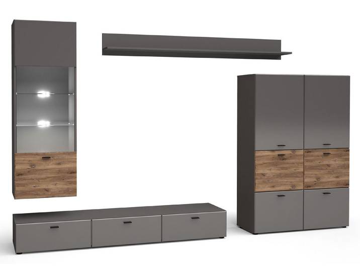 Feldmann-Wohnen Wohnwand Oviedo, (1 Hängevitrine, 1 Highboard, 1 Lowboard, 1 Wandregal, moderne Optik, holzfarbene Akzente, Griffstücke, mit Beleuchtung), graphit matt / Flagstaff Eiche, 4-teilig