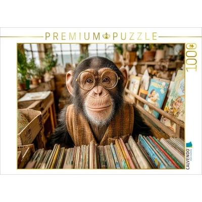 CALVENDO Puzzle Ein Schimpanse mit Brille und Weste steht hinter einem Bücherregal in einem gemütlichen kleinen Buchladen | 1000 Teile Lege-Größe 64x4