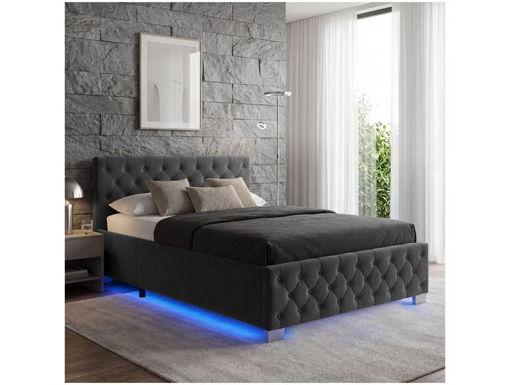Polsterbett mit LED-Leisten & Stauraum - Samtoptik schwarz
