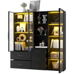 Merax LED Vitrine 140x40x160cm, Glasvitrine & Bücherregal mit LED-Beleuchtung, offenen Fächern, Schubladen, Kippschutz, schwarz