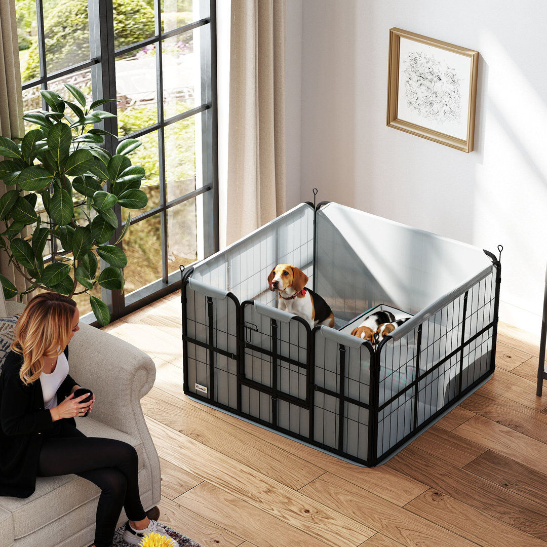 PawHut Whelping Box with Washable Whelping Pad Wind-Resistant Cloth Black Black Medium (8-12lbs)