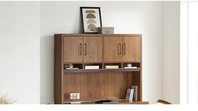 Martin Furniture Modern Wood Hutch With Doors, Storage Hutch, Office Storage, Fully Assembled, Rich Medium Brown