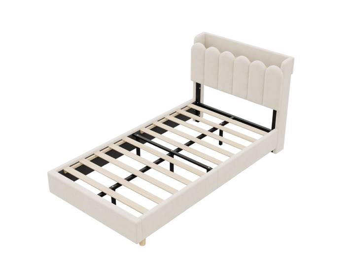 Lit enfant rembourré en velours polyester beige 90 x 200 cm