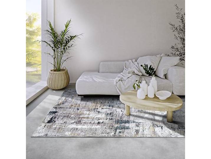 Elle Decoration Malard Teppich – Moderner Abstrakter Rutschfester Design Kurzflor Teppich für Schlafzimmer, Esszimmer, Wohnzimmer, Flur, Küche – Saphier Gold, 120x160cm