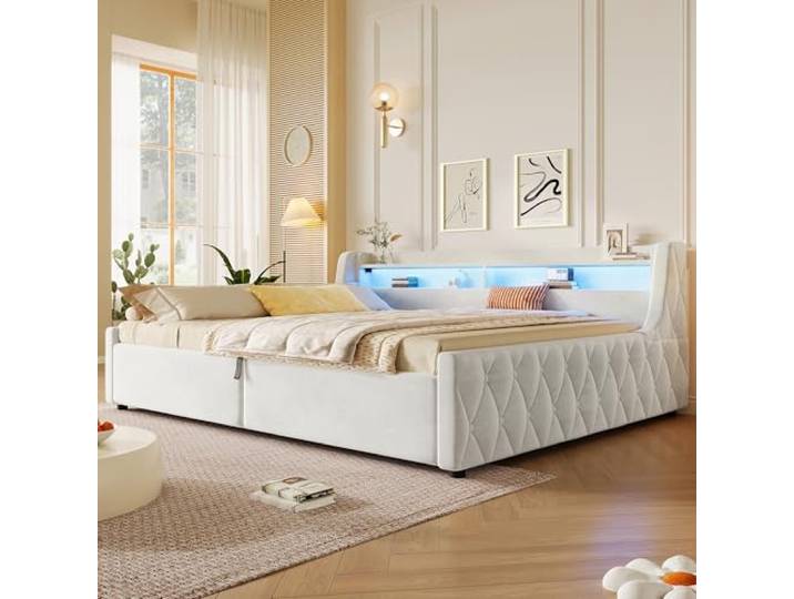 Polsterbett Plattformbett 140x200 mit LED-Licht & Kopfteil, Off-White Multifunktionales Doppelbett Bettgestell 140x200 Kinderbett mit LED-Beleuchtung, Kopfteil, Kissen und Stauraum, Ohne Matratze