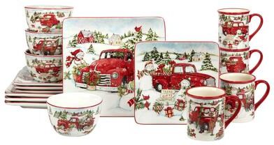 Certified International Red Truck Snowman 16 pc Dinnerware Set, Service for 4