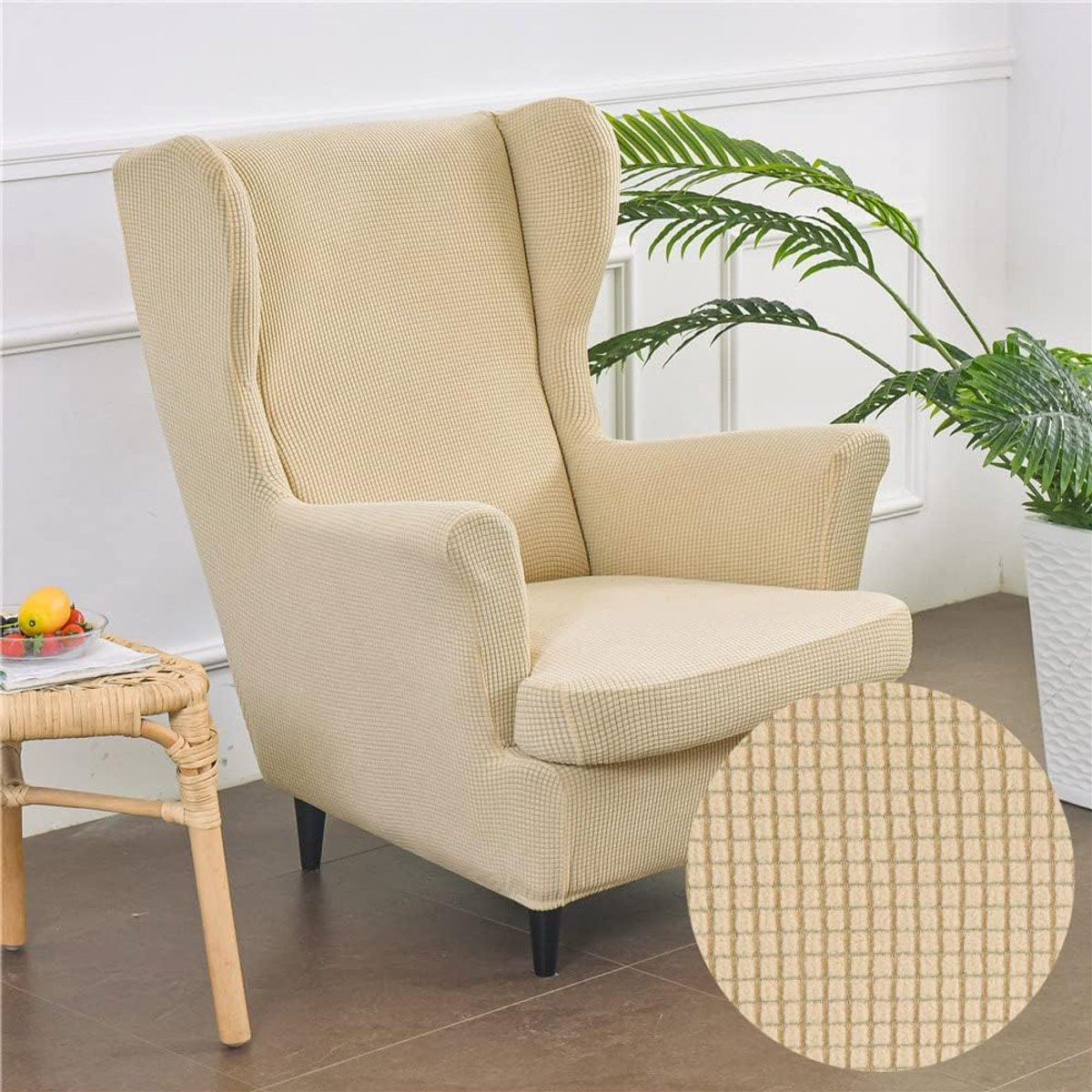 Set van 2 Stretch Velvet Wing Chair Covers - Meubelbeschermer voor Fauteuils - Beige