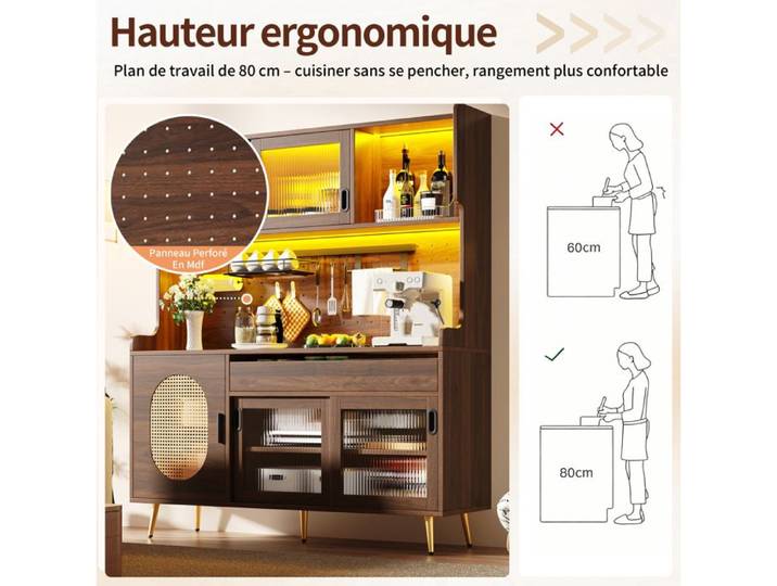 VUENOR Buffet de cuisine 145 x 39 x 171 cm marron – 5 portes LED intégrée